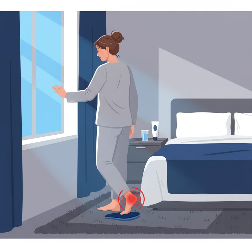 A woman steps out of bed onto a rug, her bare foot highlighted with blue, representing the heel pain in the morning that many experience.