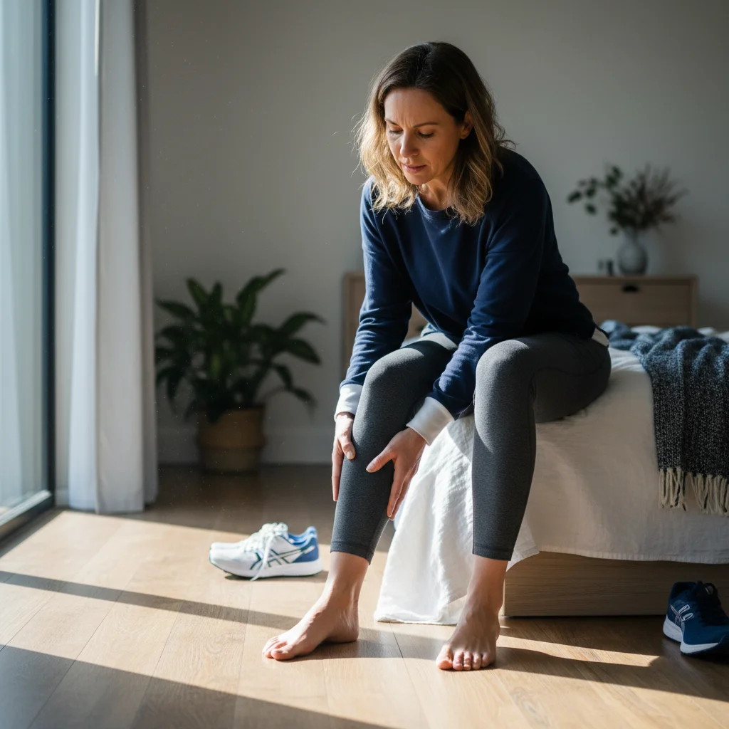 A person's hand touches their neck, possibly indicating pain or discomfort. Heel pain in the morning can signal more serious issues, according to PS Foot and Ankle.
