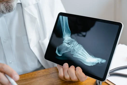 foot from PS Foot and Ankle holds a tablet displaying a foot x-ray, illustrating when to see a podiatrist for heel pain due to swelling.