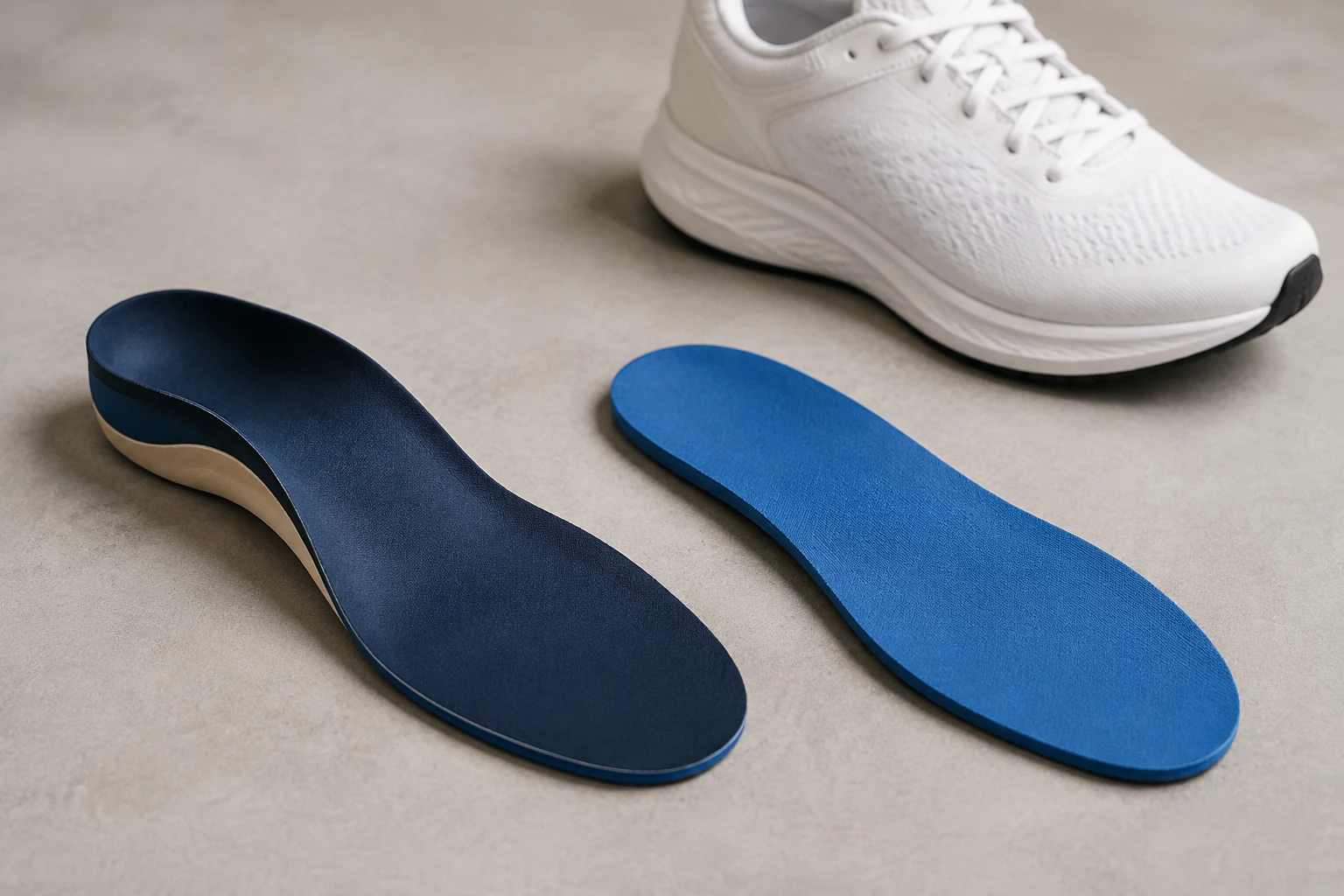 Contoured orthotic and flat foam insole beside a walking shoe